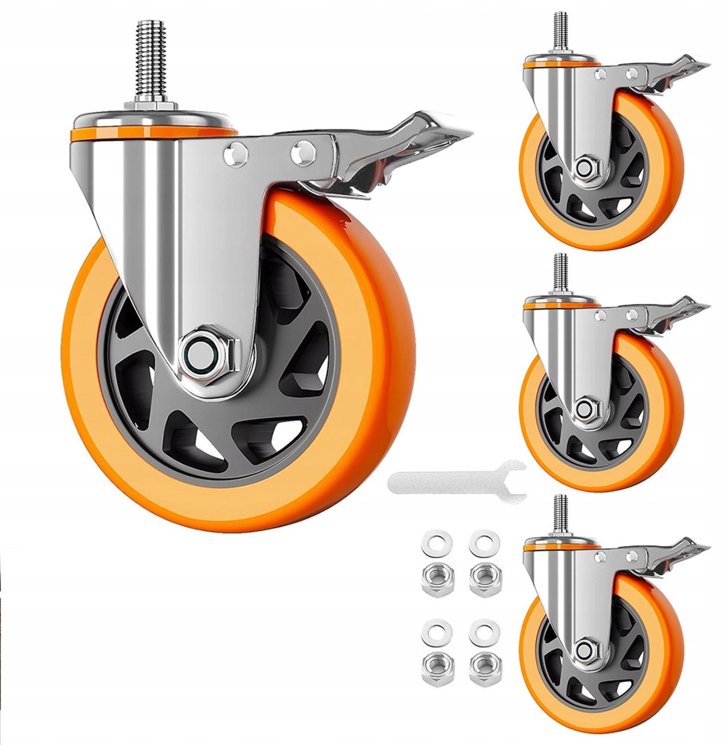 4x Zwenkwielen met Rem, 100mm, M12x30 Schroefdraad