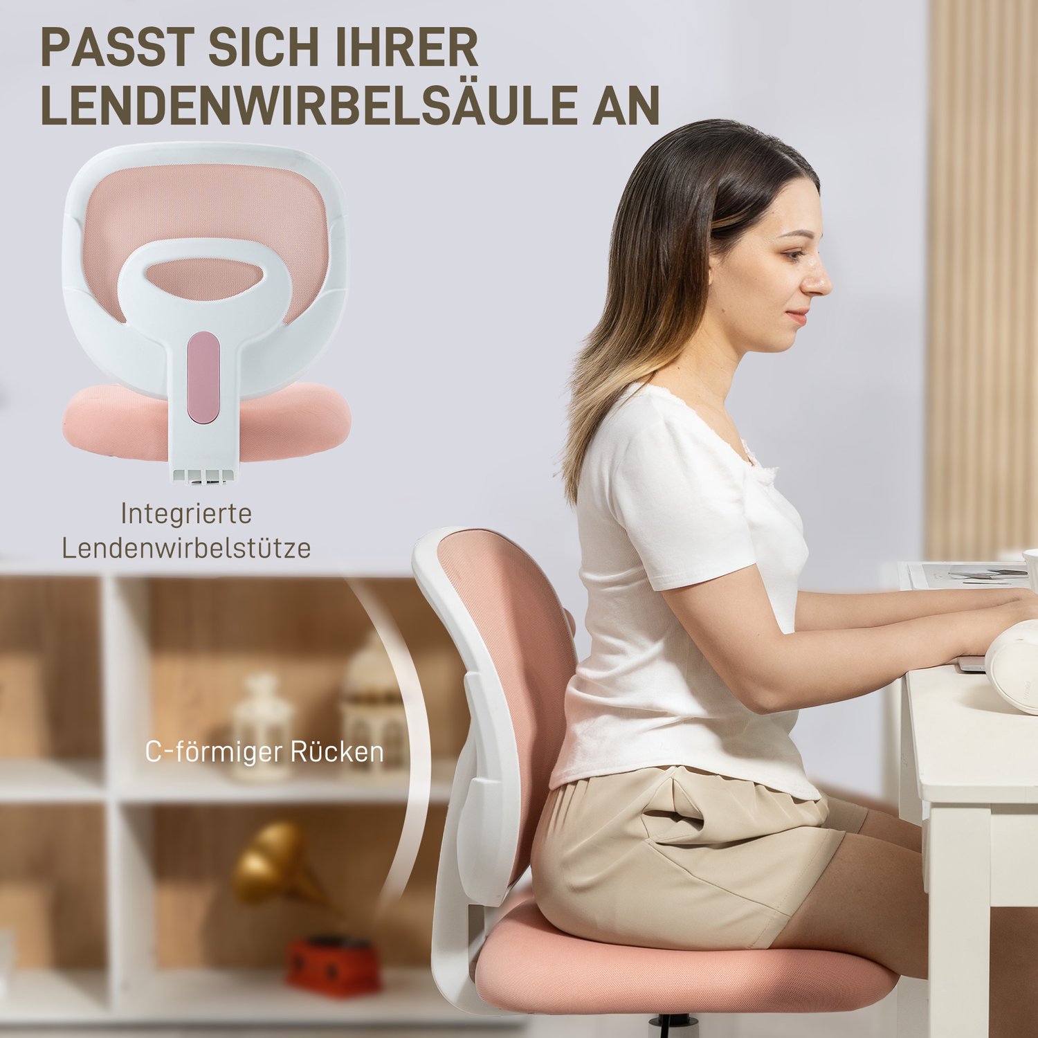 Homona Ergonomische bureaustoel - Met mesh rugleuning - In hoogte verstelbaar - 53 x 59,5 x 81-89 cm - Roze