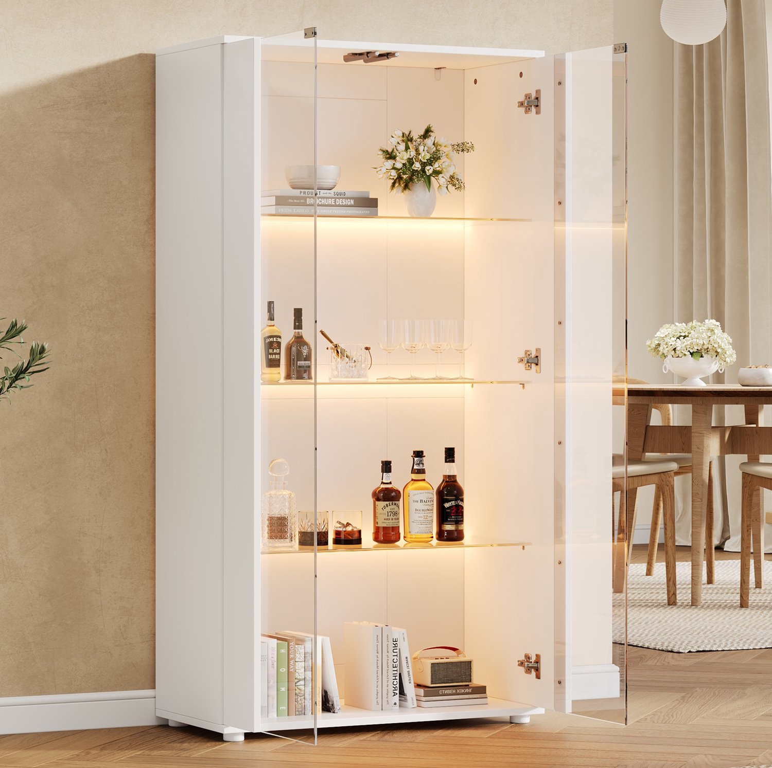 MODENUIT Vitrinekast - 2 Glazen Deuren Met LED - Woonkamer - Glas en Spaanplaat - 80x36x150,5 Cm - Wit