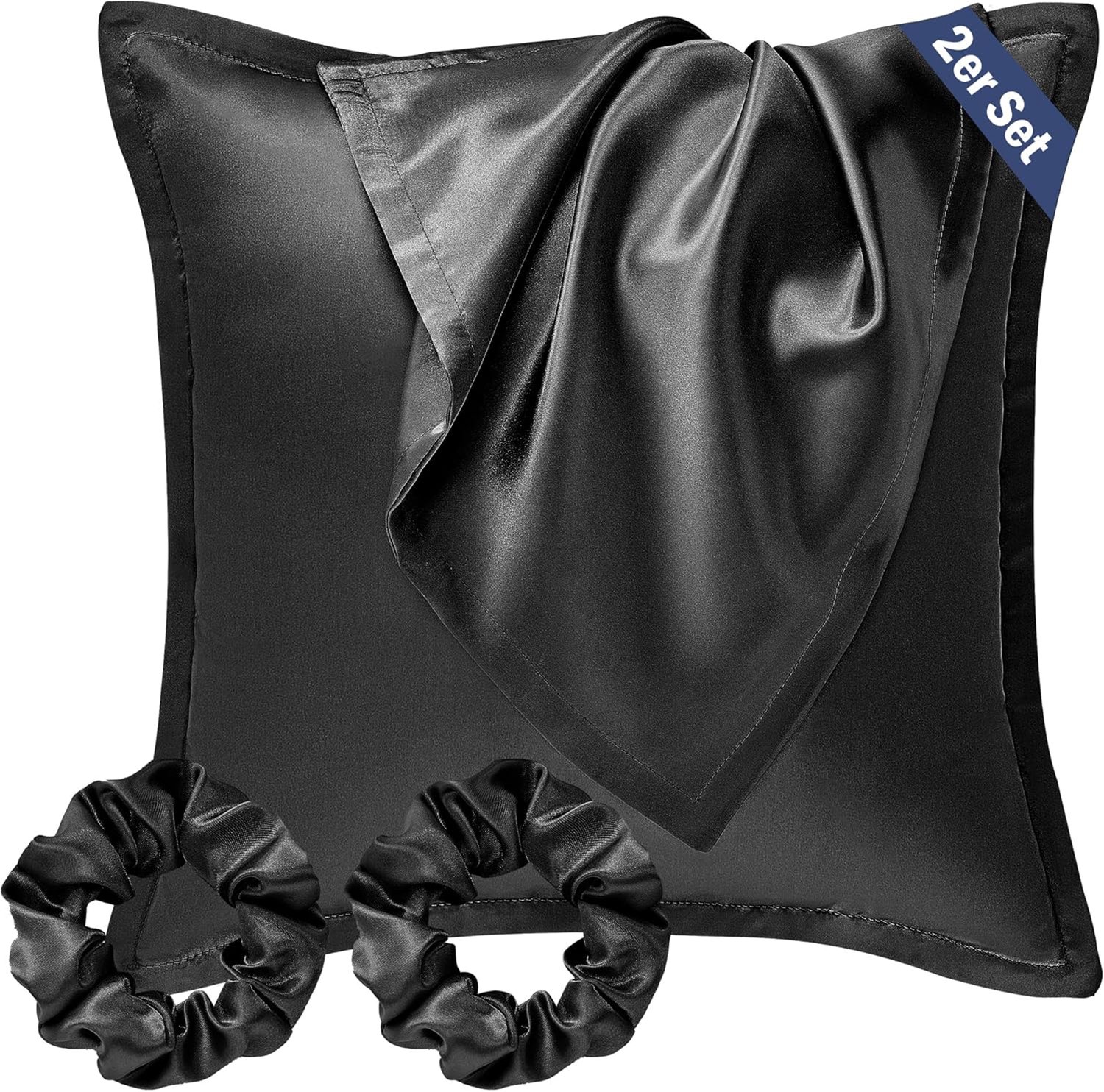 Famanu - Satijnen kussenslopen 80x80 cm zwart set 2, vegan zijde look zacht als zijde, haar en huid, inclusief haarelastiekjes