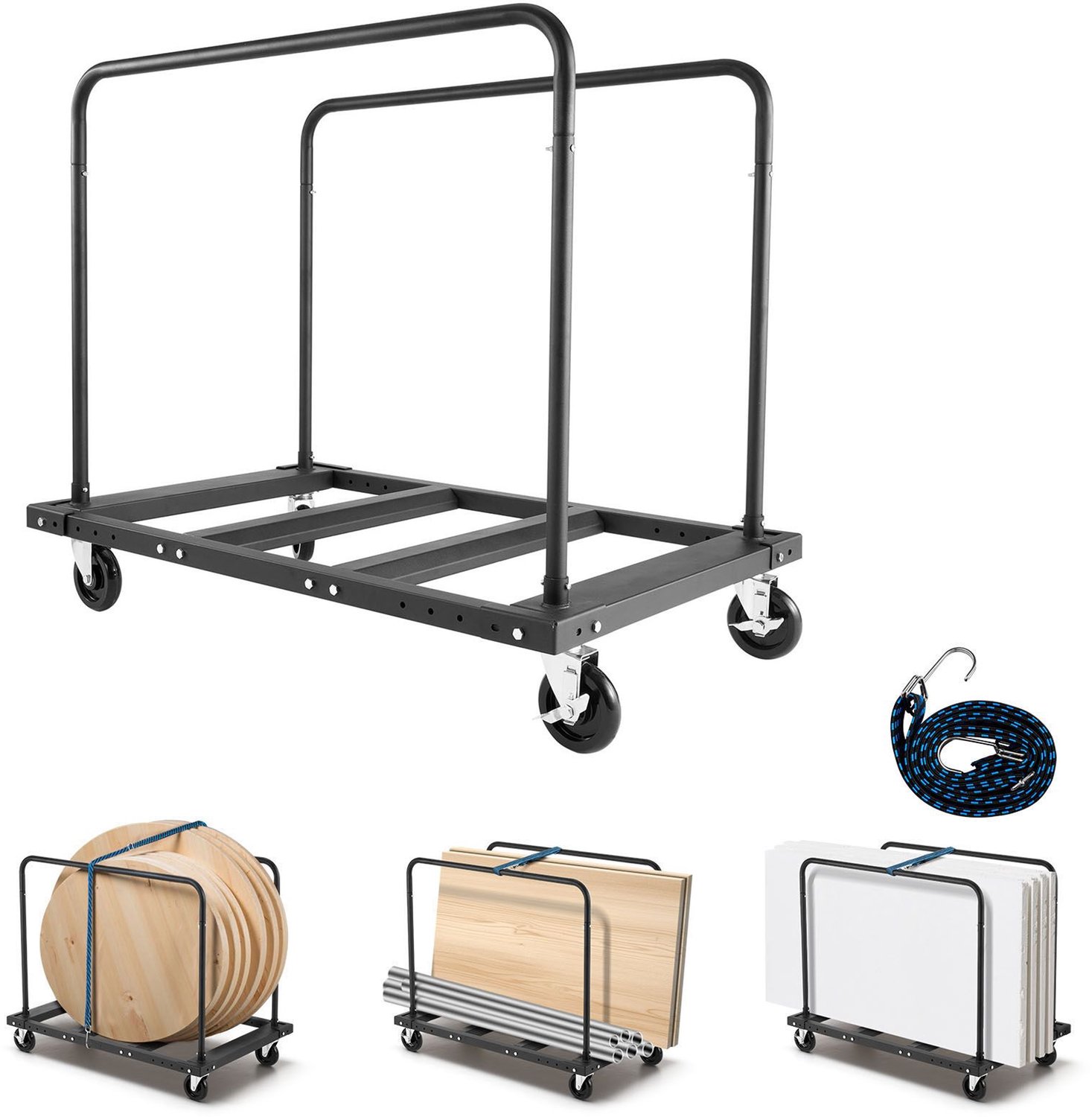 Gipsplaatwagen- 816 kg draagvermogen- stalen paneelwagen met 12-5 mm zwenkwielen- gipsplaatwagen met spanbanden en 2 zijleuningen voor fabriek- magazijn- garage- zwart
