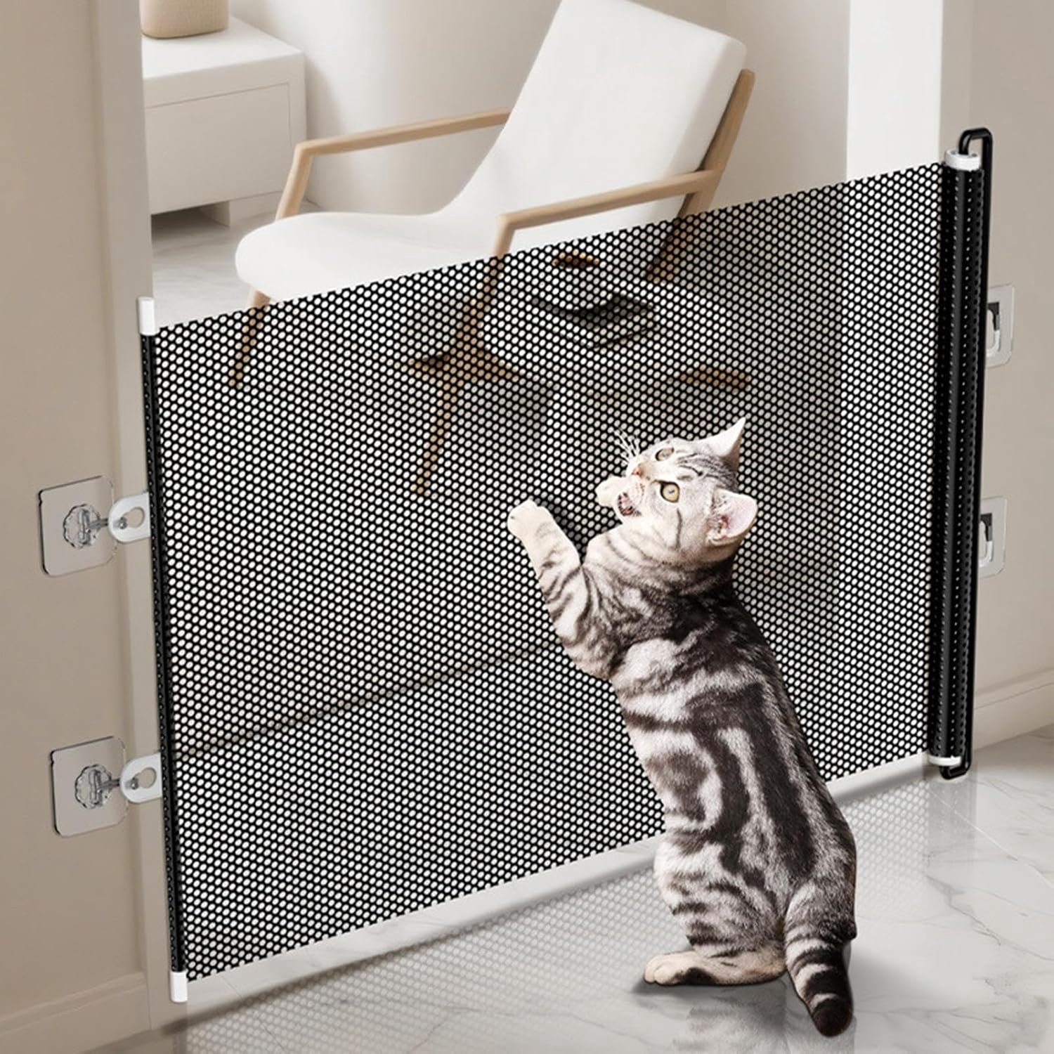 Kattenbarrière – Uitschuifbaar Huisdierhek PVC – Uitschuifbaar Veiligheidshek – 40 x 125 cm – Voor Deur en Doorgang – Voorkomt Ontsnappen en Springen – Voor Binnen