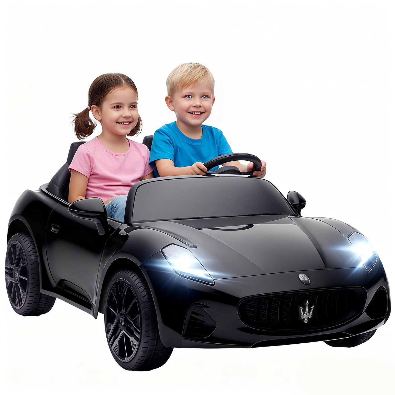 Playon Elektrische kinderauto Maserati - 2-zits - Met afstandsbediening en muziekspeler - Met vering en veiligheidsgordels - 120 x 72 x 50 cm - Zwart