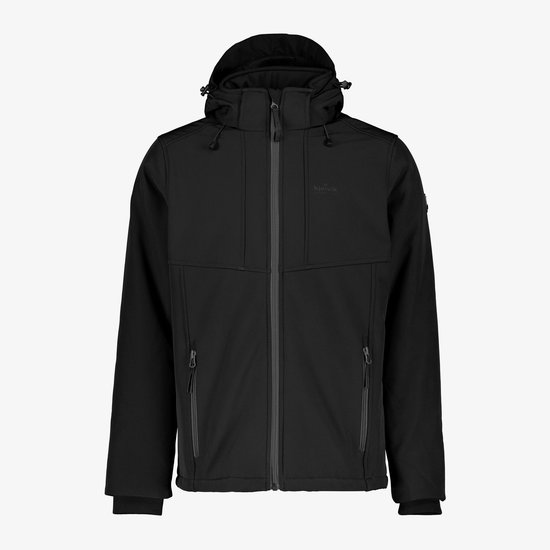 Zwarte Kjelvik softshell jas voor heren met capuchon, ritssluiting en logo op de borst.