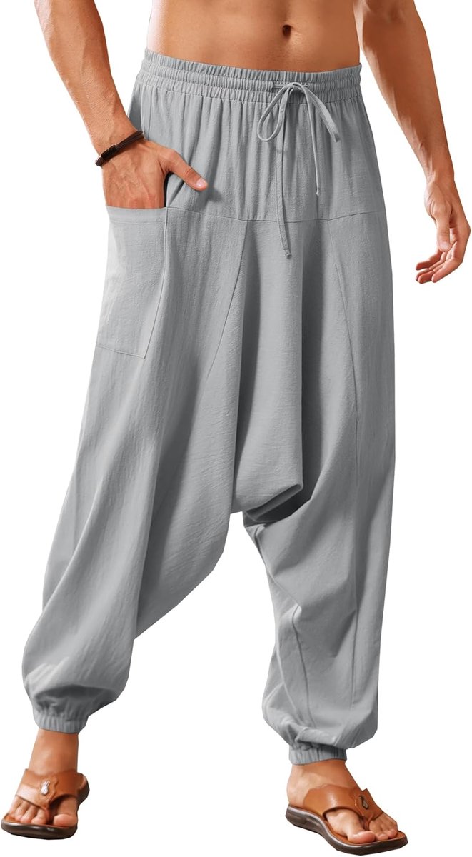Katoenen harembroek voor heren, baggy, hippie, casual, linnen, yogabroek, strand, diep kruis