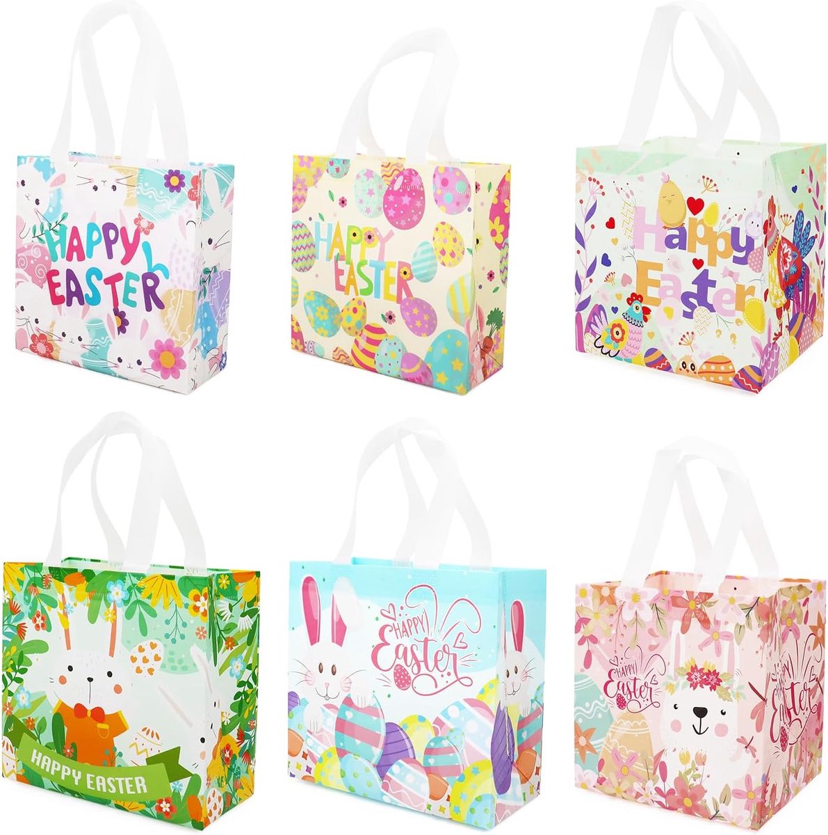 6 stuks Happy Easter Egg Hunt Bags Verschillende Maten Bunny Wortel Chick Egg Metallic Printing Geschenkzakken met Handvatten, Pasen traktatiezakken, Non-woven Paaszakjes voor Cadeauverpakking,