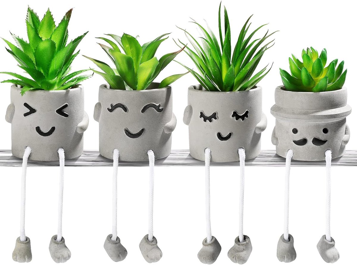Kunstmatige vetplanten met potten - 4 stuks mini-nepplant faux emotioneel cement in pot voor thuis, bureau, plank, keuken, badkamer en kantoren, decoratie cadeauset (4 stuks)
