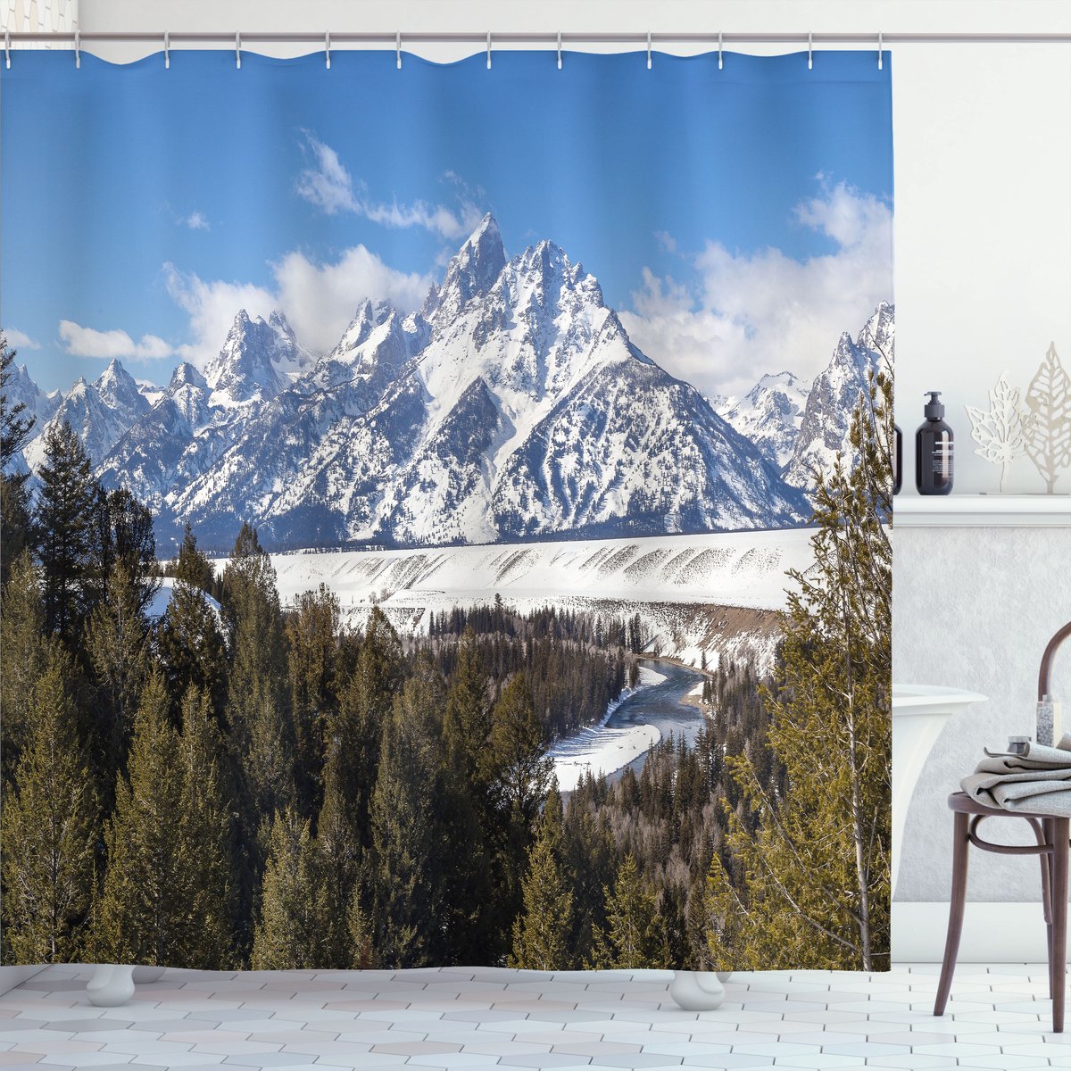 ABAKUHAUS Wyoming Douchegordijn, Magnificent Grand Teton, Stoffen Badkamerdecoratieset met Haken, 175 x 180 cm, Meerkleurig Groen