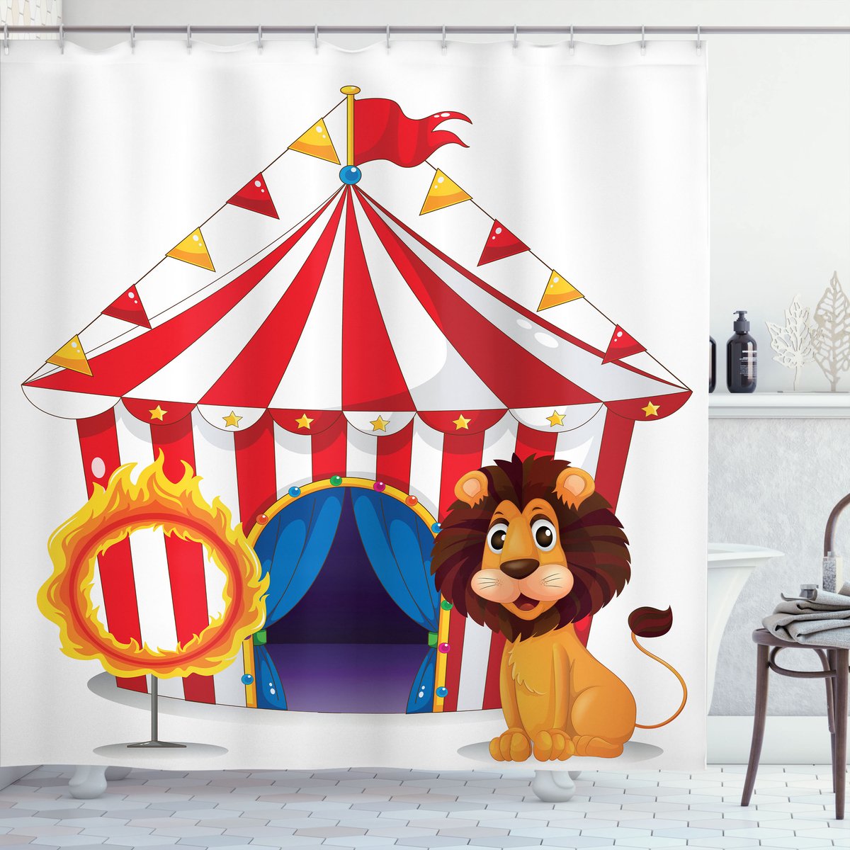 ABAKUHAUS Circus Douchegordijn, Leeuw en een Feuerring, Stoffen Badkamerdecoratieset met Haken, 175 x 200 cm, Meerkleurig