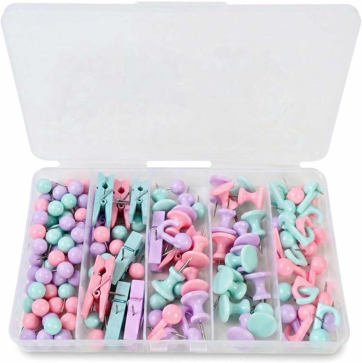 Punaises met Plastic Doos, Voor Kantoor, School, Knutselen en Thuis, Roze/Paars/Blauw (4 Soorten)
