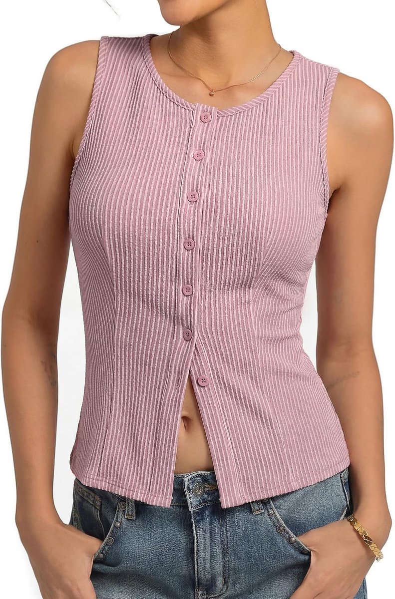 Kasin Dames zomer mouwloze ronde hals tops sexy slim fit Y2K vest casual button up uitgaan blouses