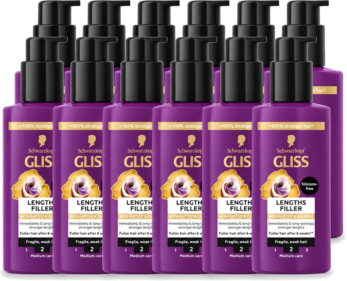 12 x Gliss - Haarserum - Lengths Filler - Siliconenvrij met Cafeïne - Voor Sterker Haar - 100 ml - Voordeelverpakking - 12 stuks