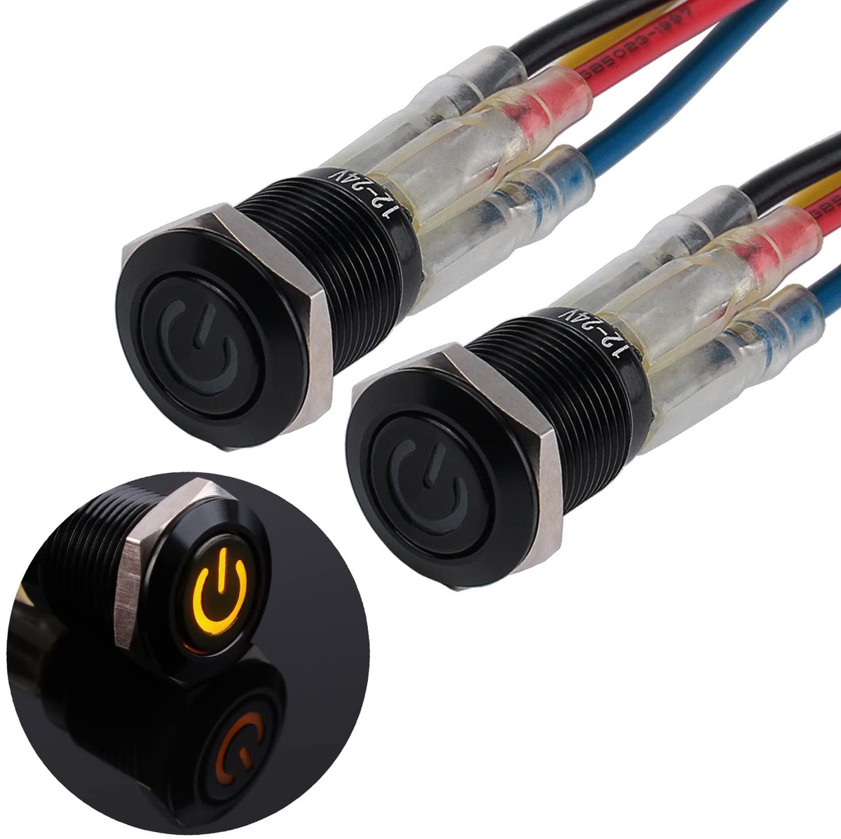 waterdichte drukschakelaar, 2 × 12 mm, 12 V tot 24 V, 2 A, IP66 knop met LED-verlichting, zwarte metalen behuizing, momentane drukknop met verbindingsdraden voor auto, motorfiets, geel