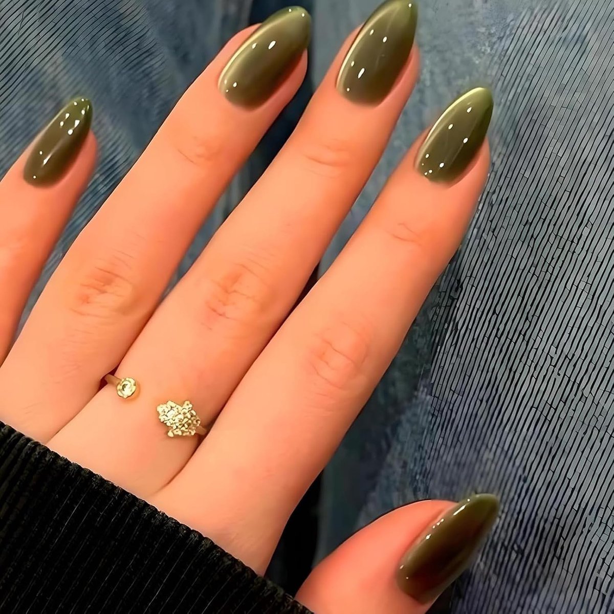 24 stuks Franse kunstnagels, glanzend, groene kattenogen, press on nails, amandel, natuurlijke acrylnagels, zelfklevend, kunstnagels voor vrouwen en meisjes, manicure