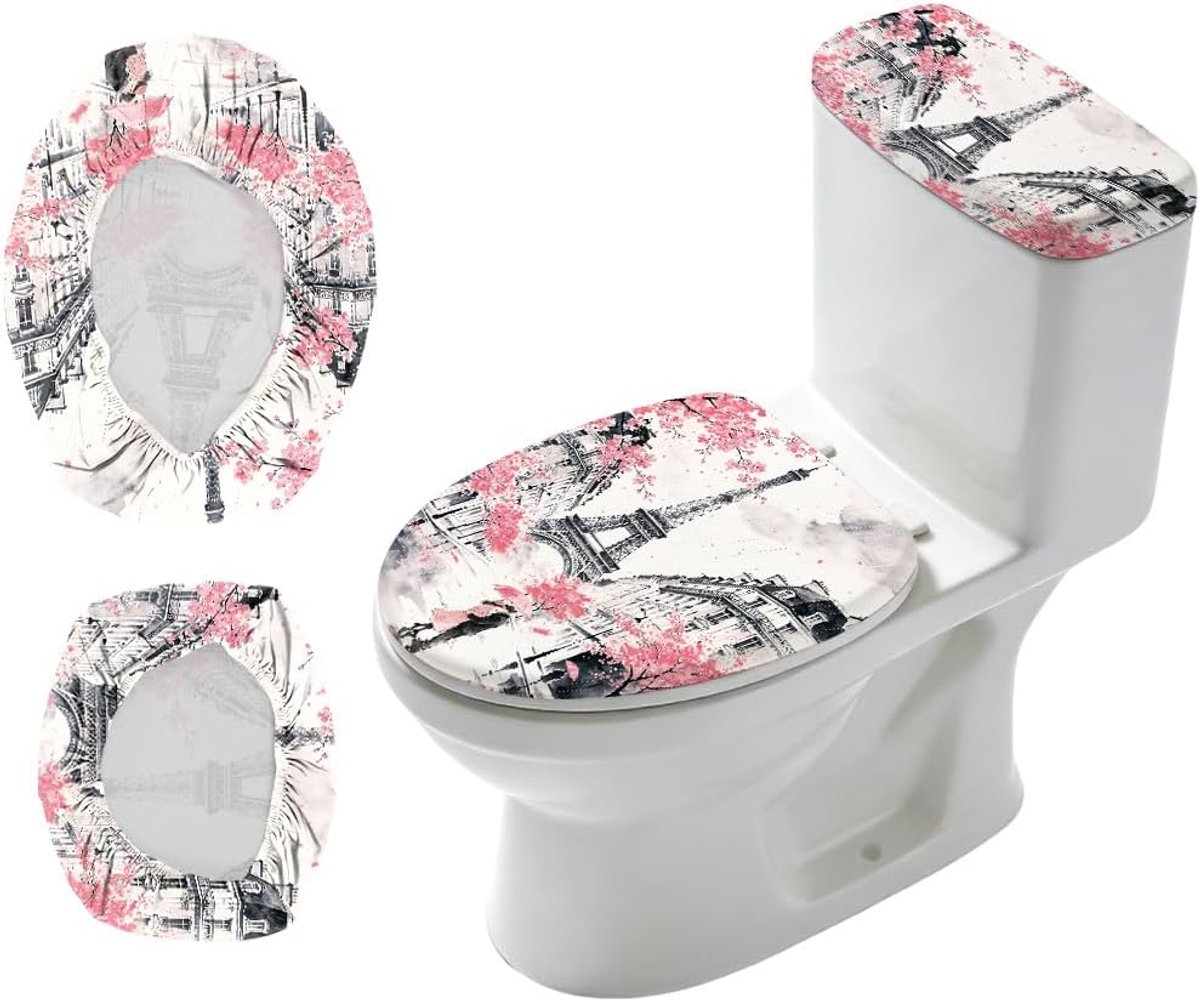 2 stuks Parijse straat toren wc-deksel afdekking en tankafdekking, set rekbare afdekking, sets, bloemen, toiletbril, afdekkingen, stof, sets, badkamer, vervanging