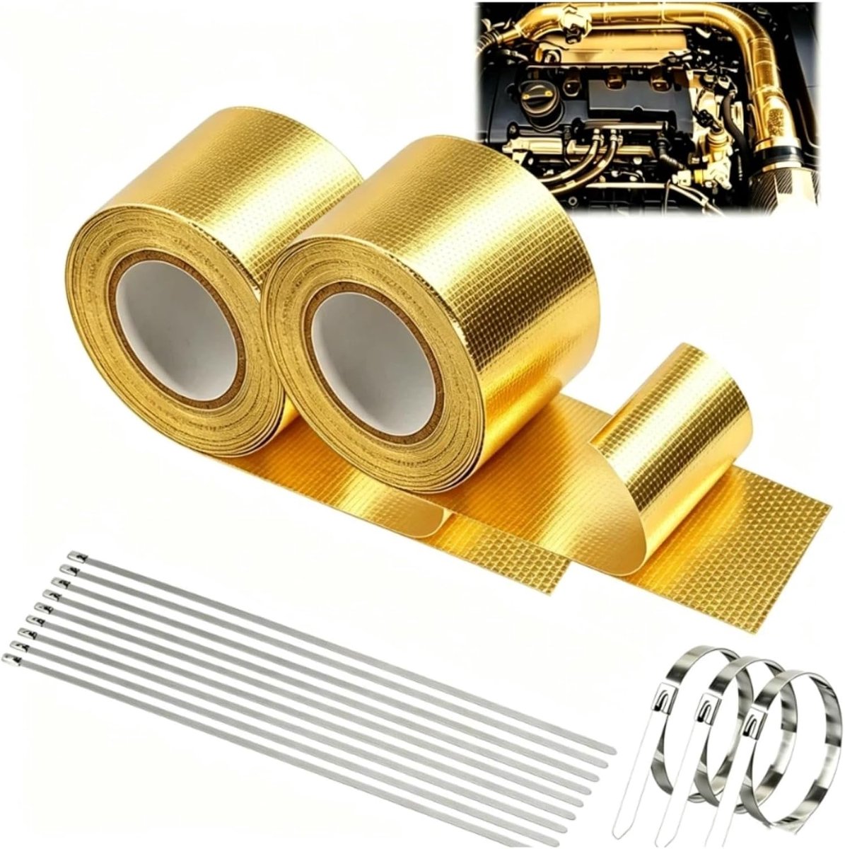 uitlaat, 5 cm x 10 m, afdichtingstape met 12 roestvrijstalen kabelbinders, aluminiumfolie, hittebeschermingsband, zelfklevend, uitlaatband, hittebestendig, voor auto, motorfiets