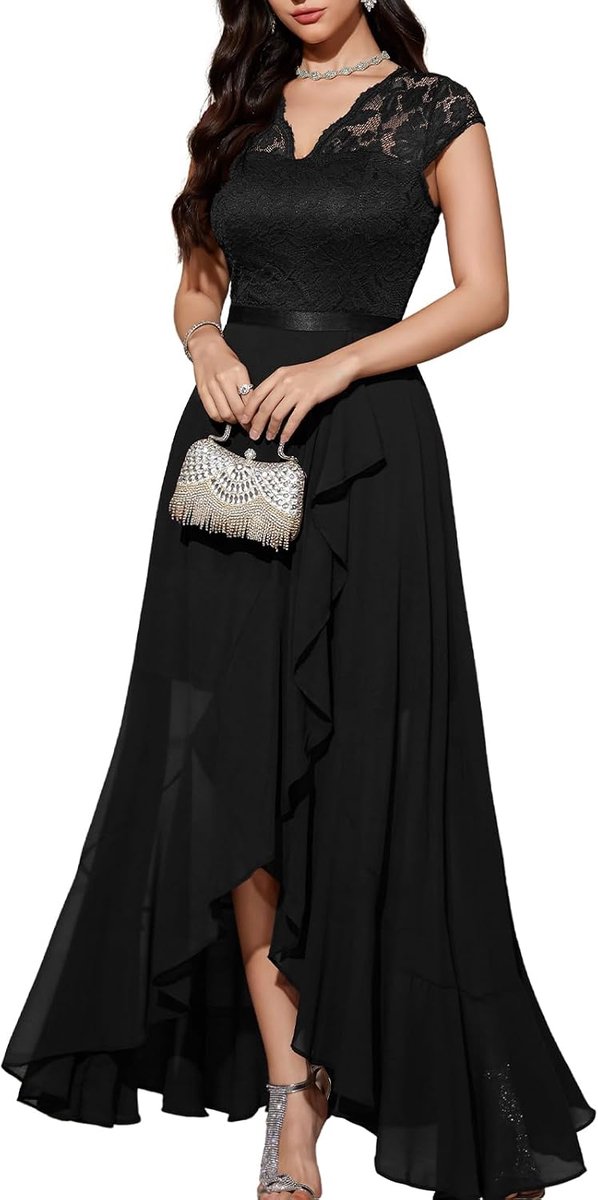 Elegante avondjurk voor bruiloften, kanten jurk, chiffon, Hi-Lo jurk, bruidsmeisjesjurk, vokuhila, feestjurk, lange baljurk, strandjurk