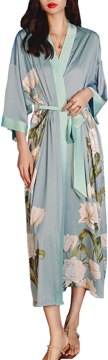 zomer kimono bedrukt satijn zijde lang elegant nachthemd