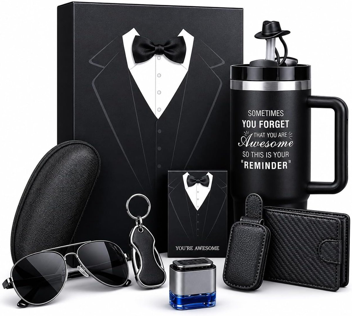 Cadeau voor Mannen, 6-in-1 Geschenkset met Thermobeker, Portemonnee, Zonnebril en Sleutelhanger, Origineel Cadeau voor Vader, Man, Vriend, Verjaardag, Kerstmis, Jubileum
