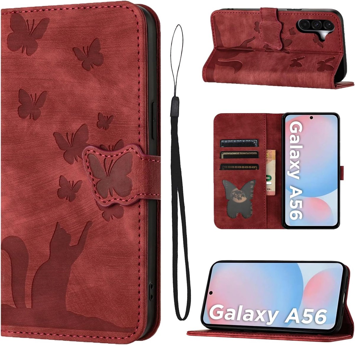 Telefoonhoes voor Samsung Galaxy A56 5G (17 cm) Premium lederen hoesontwerp met klep, flip cover, standfunctie, hoes met kaartvakjes voor Samsung Galaxy A56 5G - Rood