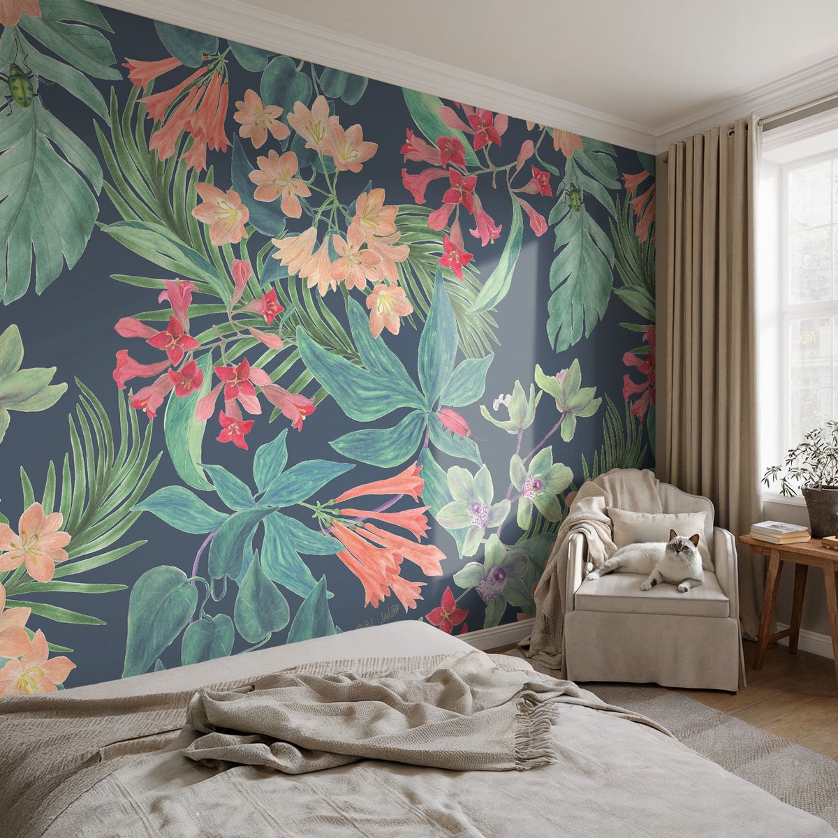 Coloray Vliesbehang - Marine Snellijm Behang - 104x70 cm - Tropische Bloemen Muurschildering - Slaapkamer behang Bloemen En Planten - Fotobehang Vlies - Slaapkamer behang