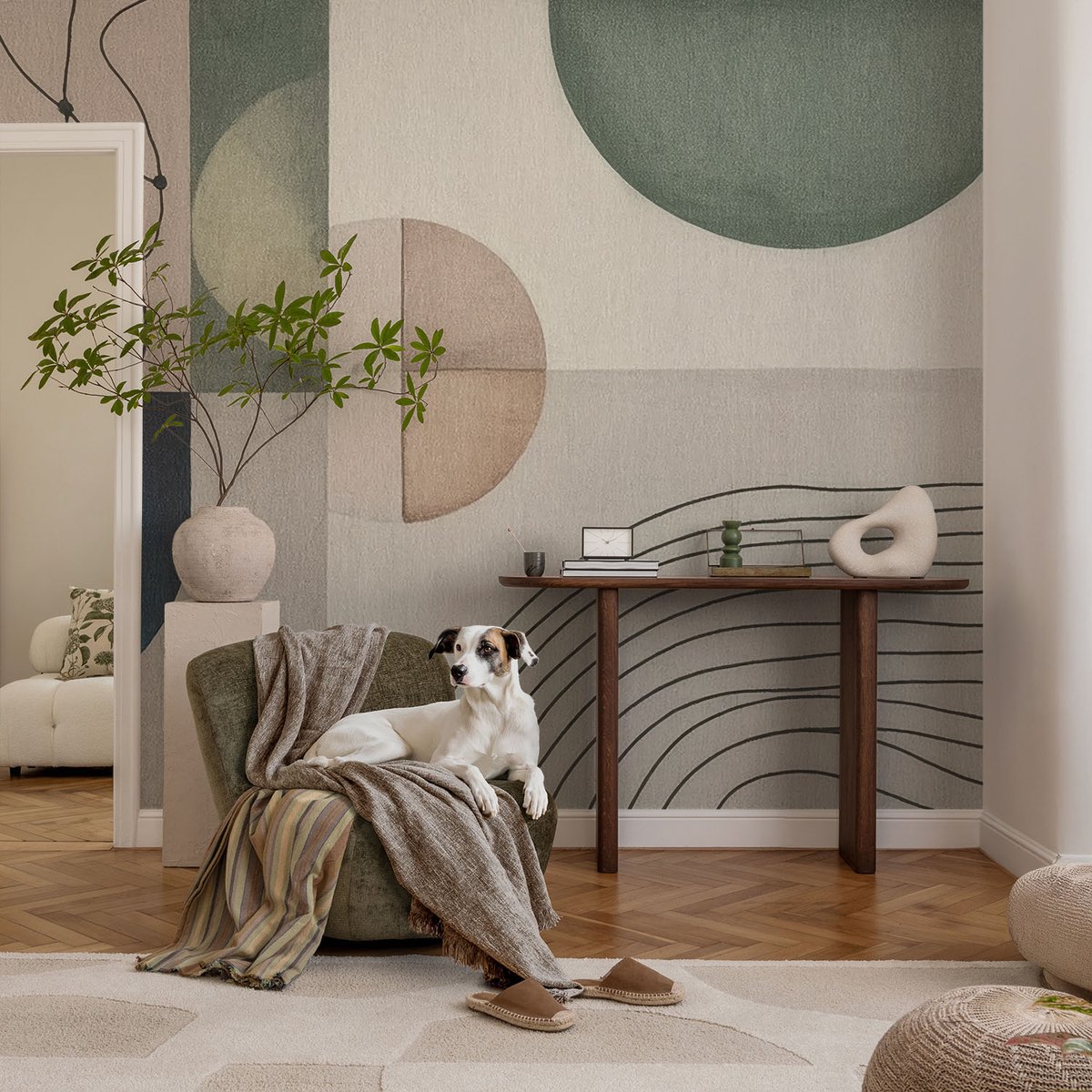 Coloray Vliesbehang - Beige Snellijm Behang - 104x70 cm - Geometrische Vormen Fotobehang Vlies - Woonkamer behang Abstractie - Muurschildering - Woonkamer behang