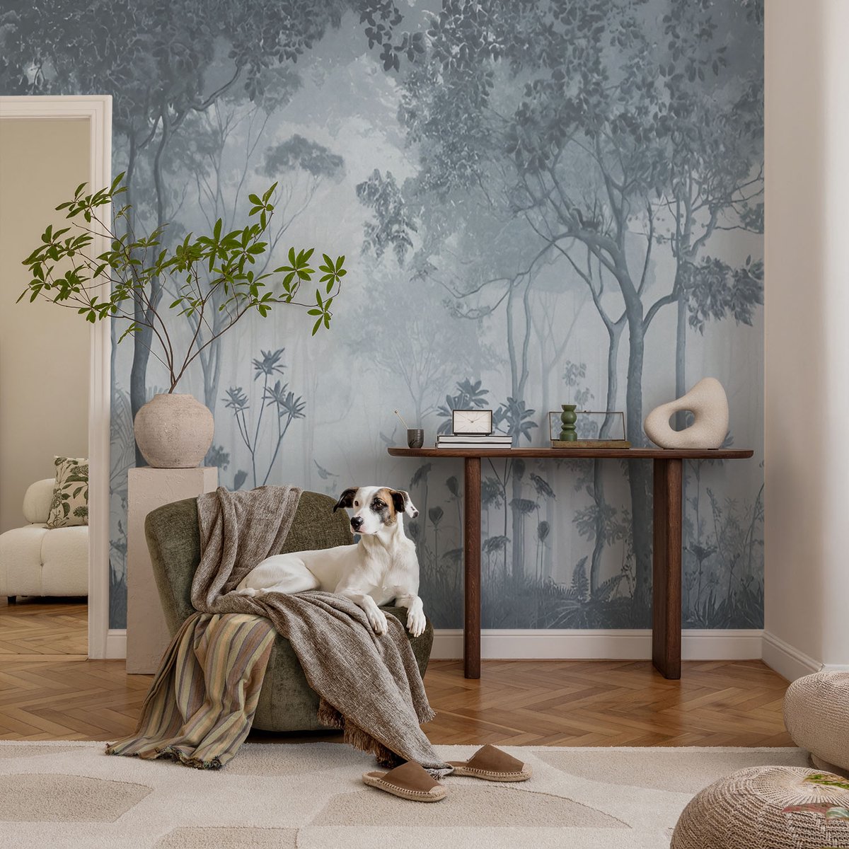 Coloray Vliesbehang - Grijs Snellijm Behang - 104x70 cm - Mystiek Van Het Bos Muurschildering - Slaapkamer behang Bloemen En Planten - Fotobehang Vlies - Slaapkamer behang