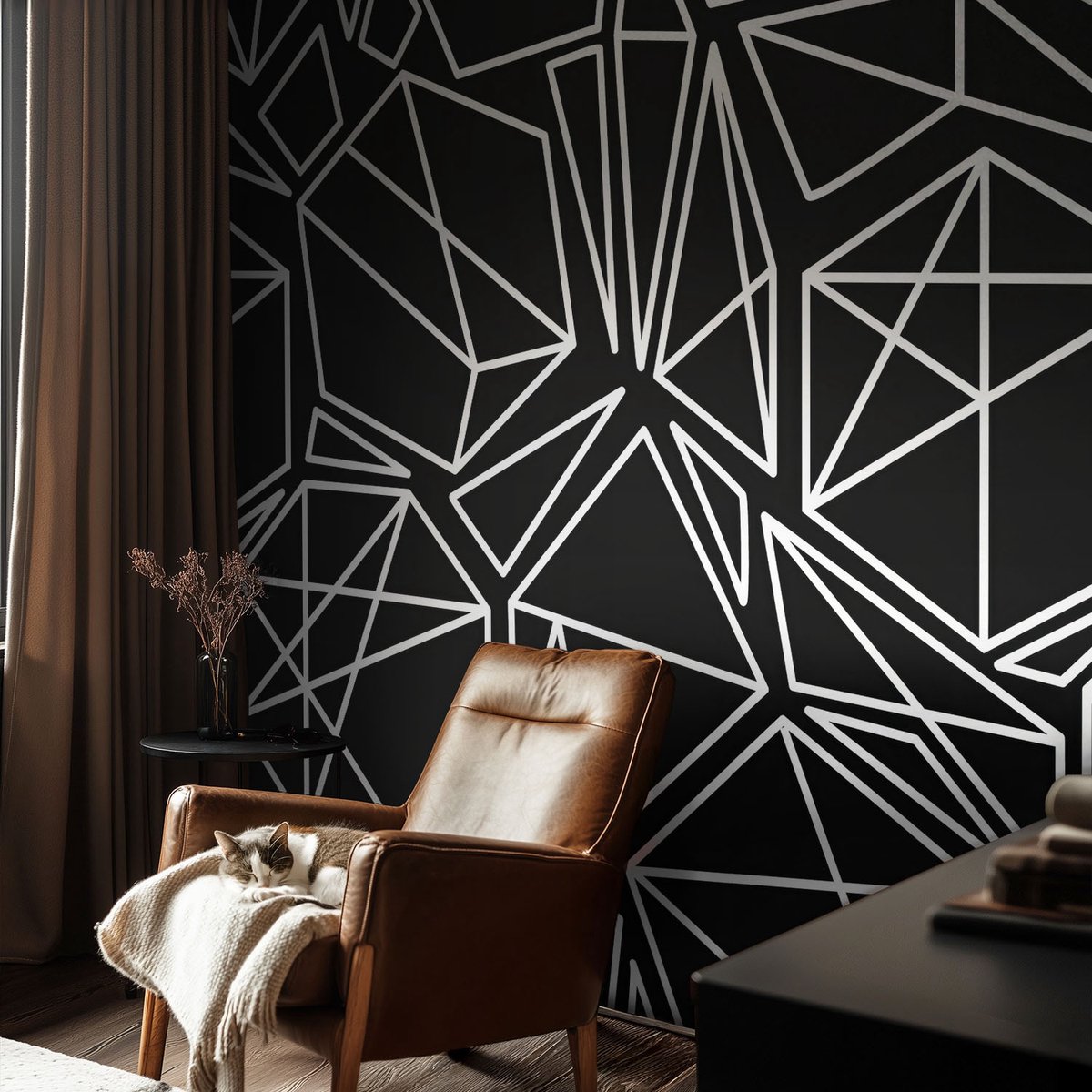 Coloray Vliesbehang - Zwart Snellijm Behang - 104x70 cm - Moderne Abstractie Fotobehang Vlies - Woonkamer behang Geometrie - Muurschildering - Hal behang