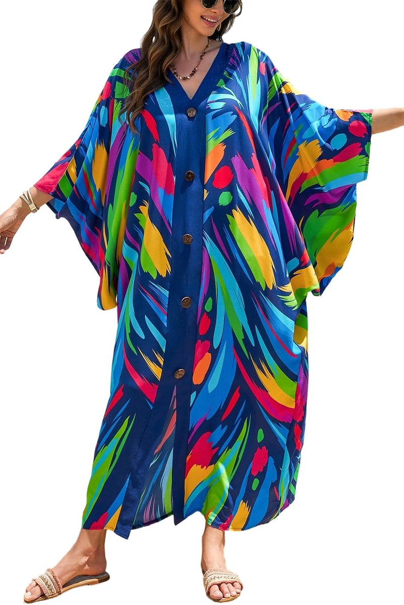 Caftan Loungewear Nachthemd Homewear Strandjurk Oversized Maxi Badpak Cover ups, A1 Blauw, One Size