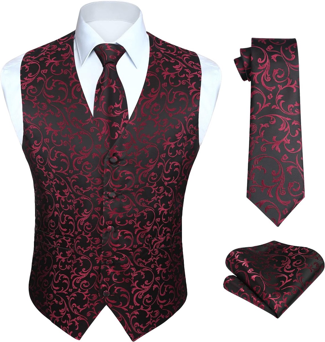 Gilet voor heren, paisley-gilet voor bruiloft, stropdas, pochet, bloemenpatroon, jacquard feestpak, set met gilet