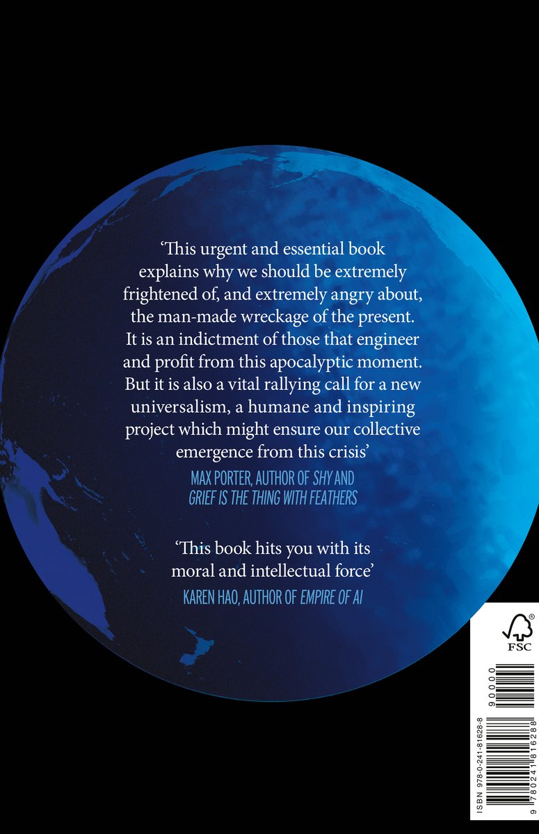 Dos du livre 'End Times Fascism' avec un globe bleu et des citations.