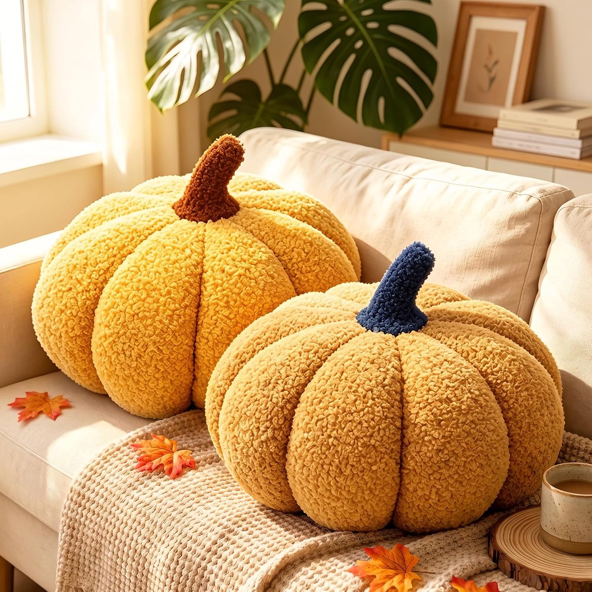28 x 24 cm, decoratief kussen van pluche met pompoenmotief voor Halloween, herfst en woondecoratie, bank en bed (geel, goudgeel)