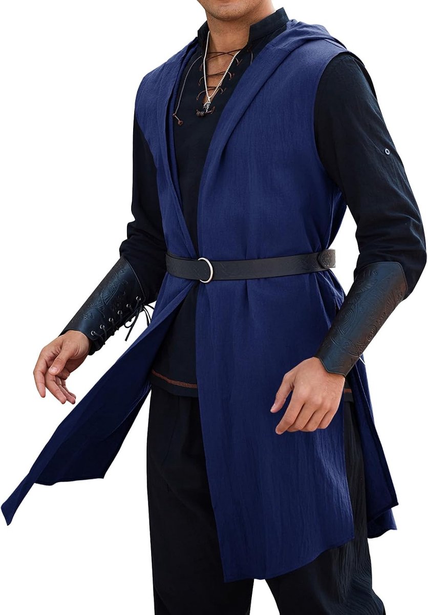 Renaissance kostuum heren middeleeuws mouwloze capuchon tuniek Viking vest cape Halloween carnaval cosplay bovenstuk vintage jas met capuchon