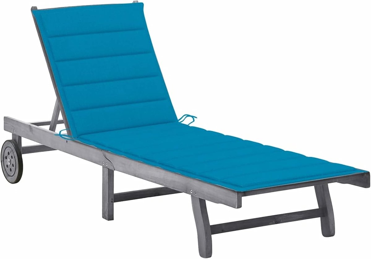 Ligbed en kussen, blauw, enkele ligstoel, hangmat, tuin, terras, balkon, buiten, terras, zwembadstoelen, massief hout, acaciahout, grijs