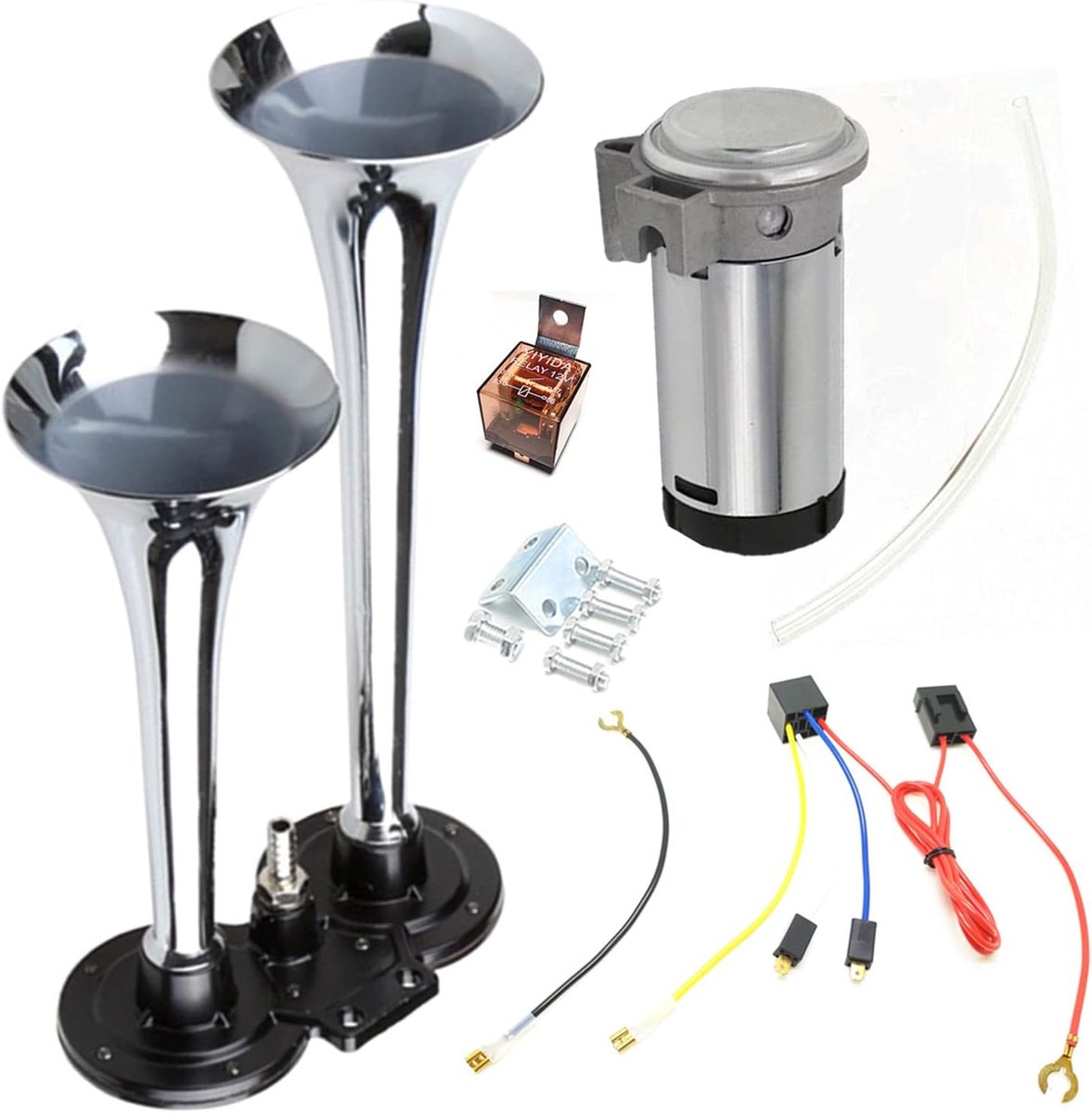 Autohoorn Air Horn 150 dB luidspreker chroom zink dubbele trompet zilveren luidspreker truck hoorn vrachtwagen auto hoorn met compressor auto hoorn luidspreker voor 24 V auto jacht vrachtwagen