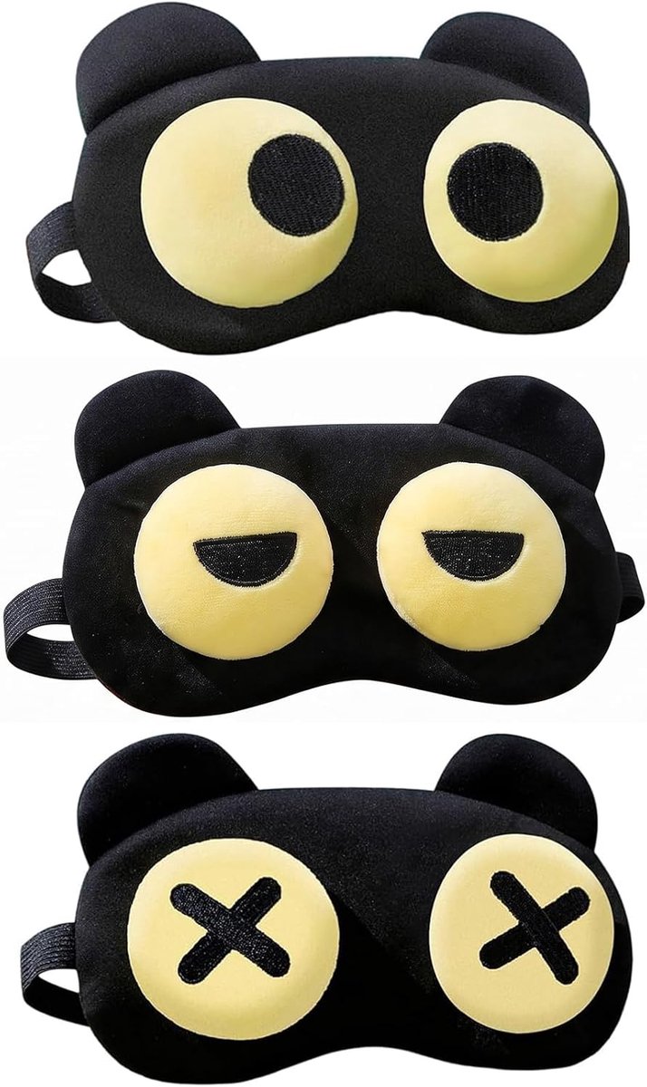 Slaapmasker voor kinderen en volwassenen, ademend, met geanimeerde ontwerpen, rond oog, halfrond, X, verstelbaar oogmasker voor reizen, dutjes en diepe rust, 3 stuks