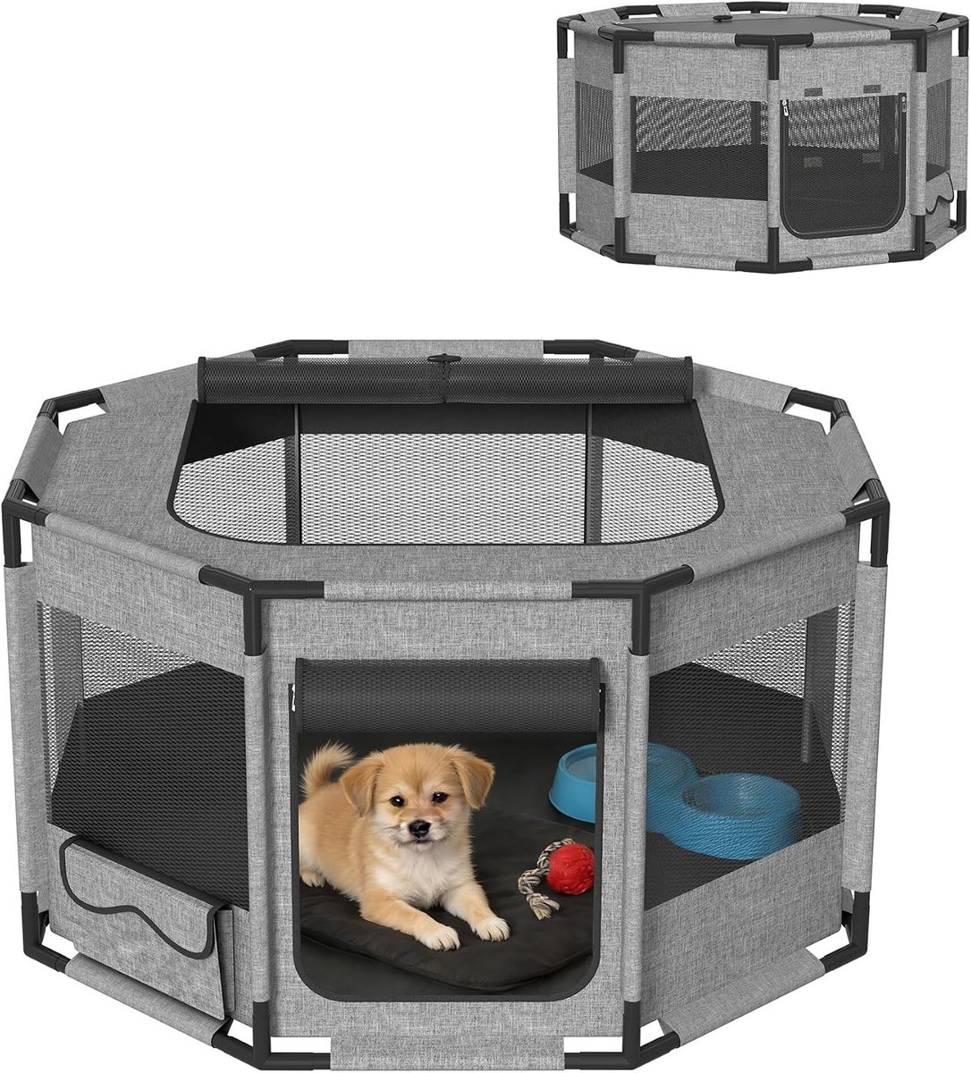 Mobiele puppybox, hondenkooi van 600D Oxford-stof met pvc-frame, opvouwbaar dierenren voor honden en katten, dierenren met deur met ritssluiting en bovenste opening, grijs, achthoekig M