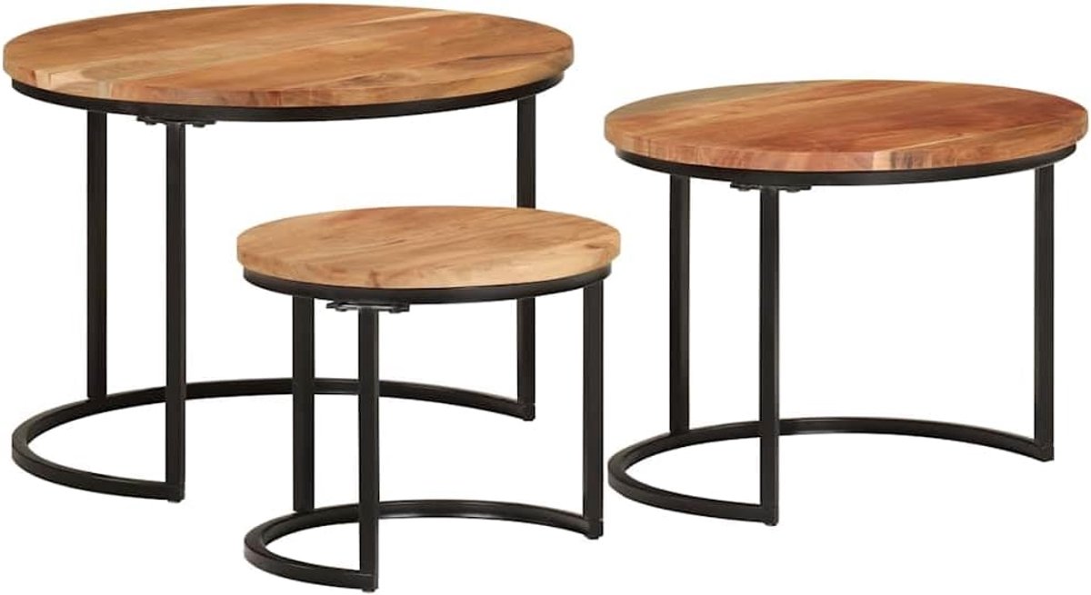 Set tafels, 3 stuks, massief acaciahout, bijzettafels van acaciahout, set van 3 tafels met natuurlijk oppervlak, voor woonkamer en hal