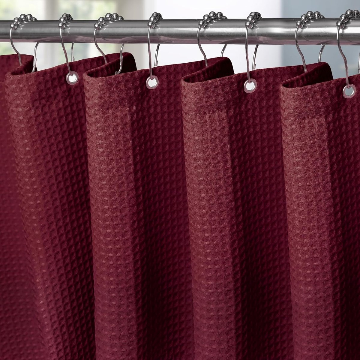 Douchegordijn Wafelstof Waterdicht met Metalen Douchegordijnringen - Anti-schimmel Stoffen Textiel Badkamer Gordijn Zwaar Badgordijn voor Badkamer Douchecabine - 275 x 182 cm (Bordeauwrood)