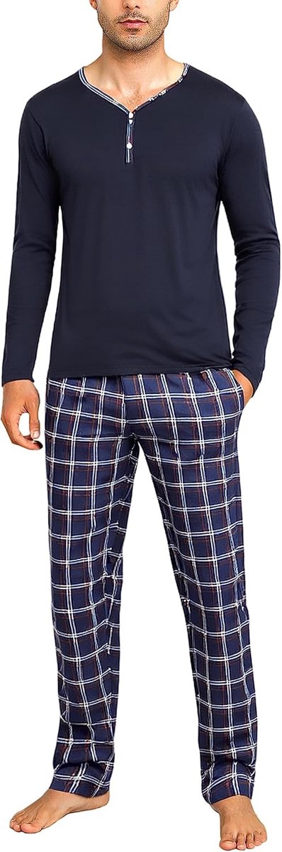 Pyjama heren lange pyjama katoen tweedelige nachtkleding set mannen winter ronde hals met borstzak