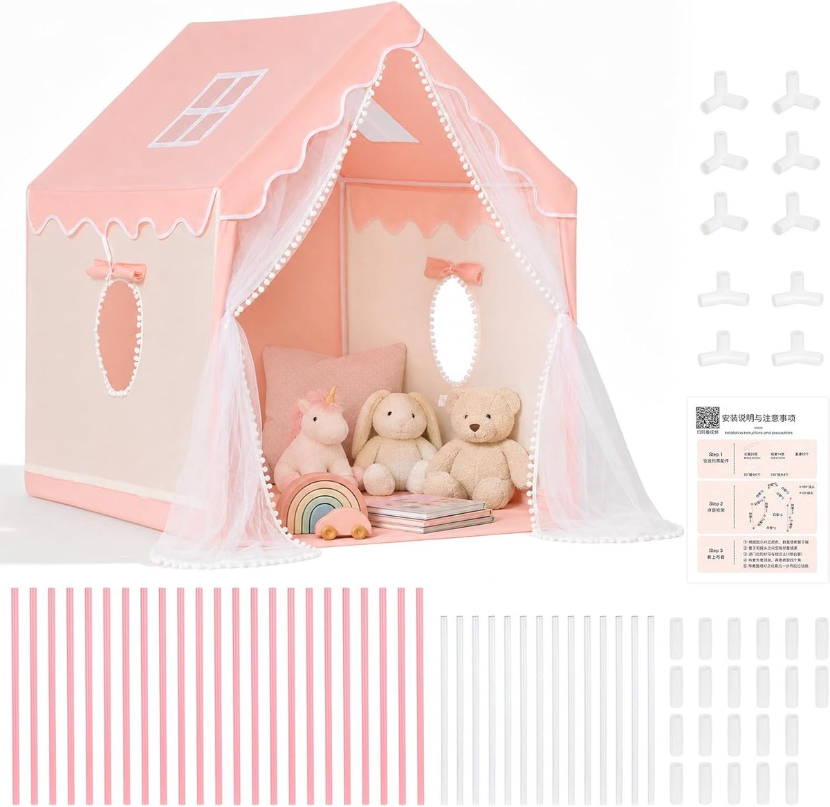 Kinderspeelhuis voor binnen en buiten, grote speeltent huis met afneembaar gordijn, wasbare huidvriendelijke stof, snel opgebouwd speelhuis voor 3-4 kinderen, roze