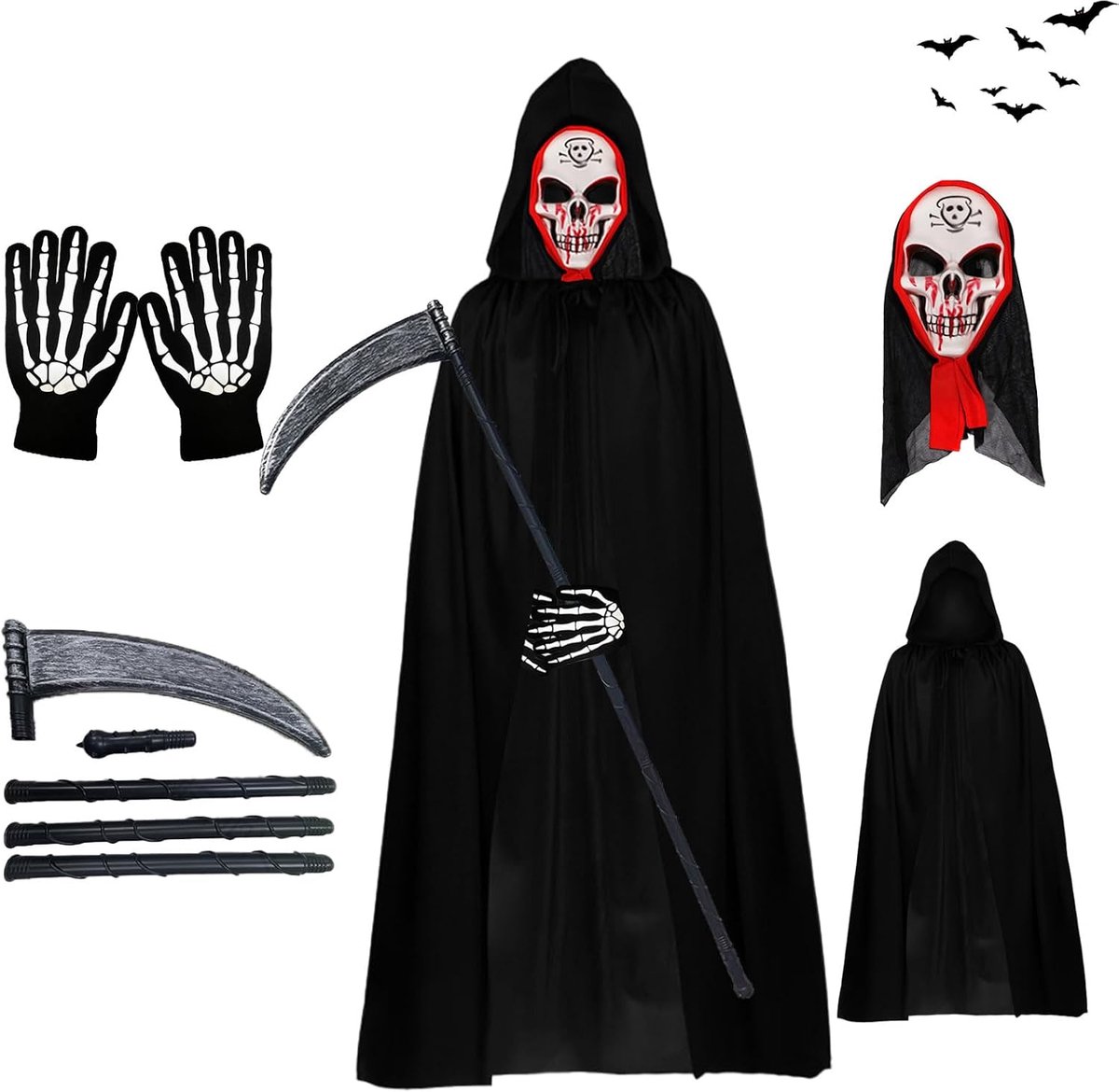 Halloween-cape met capuchon, met schedelmasker, zeis, skelethandschoenen, Halloween-kostuum, uniseks, Magere Heinse cape voor Halloween, cosplay, carnaval