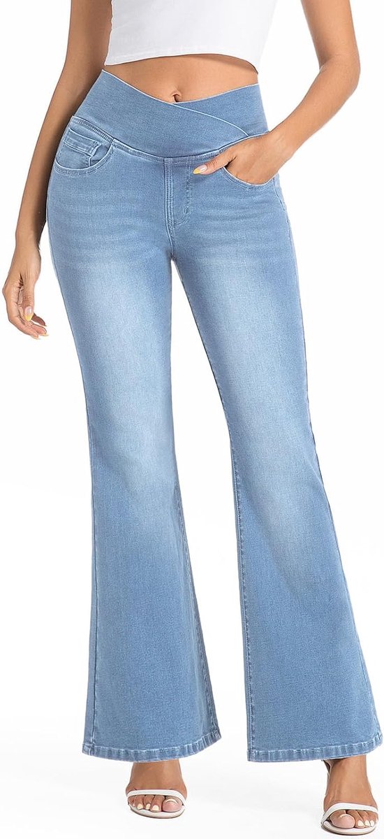 Jeans voor dames, uitlopend, hoge taille, wassing, push-up, buikcontrole, met 4 zakken