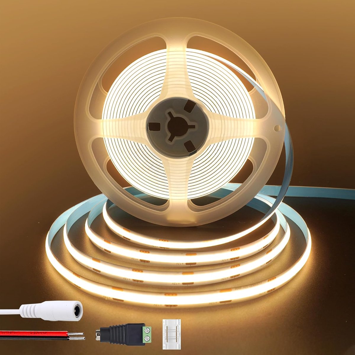 12V COB LED strip licht 6. 56ft /2M (zonder voeding), warm wit 3000K, 320led /M, 5521DC bus en rood met zwarte draad connector, 8mm breed, IP20, voor doe-het-zelf interieur