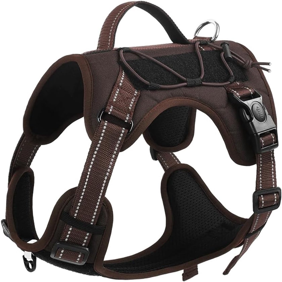 Hondentuig met handgreep, tactisch hondentuig vest voor grote middelgrote honden, geen trek, verstelbaar, reflecterend, militair hondenvest, tuig voor wandelen, wandelen-koffie, L