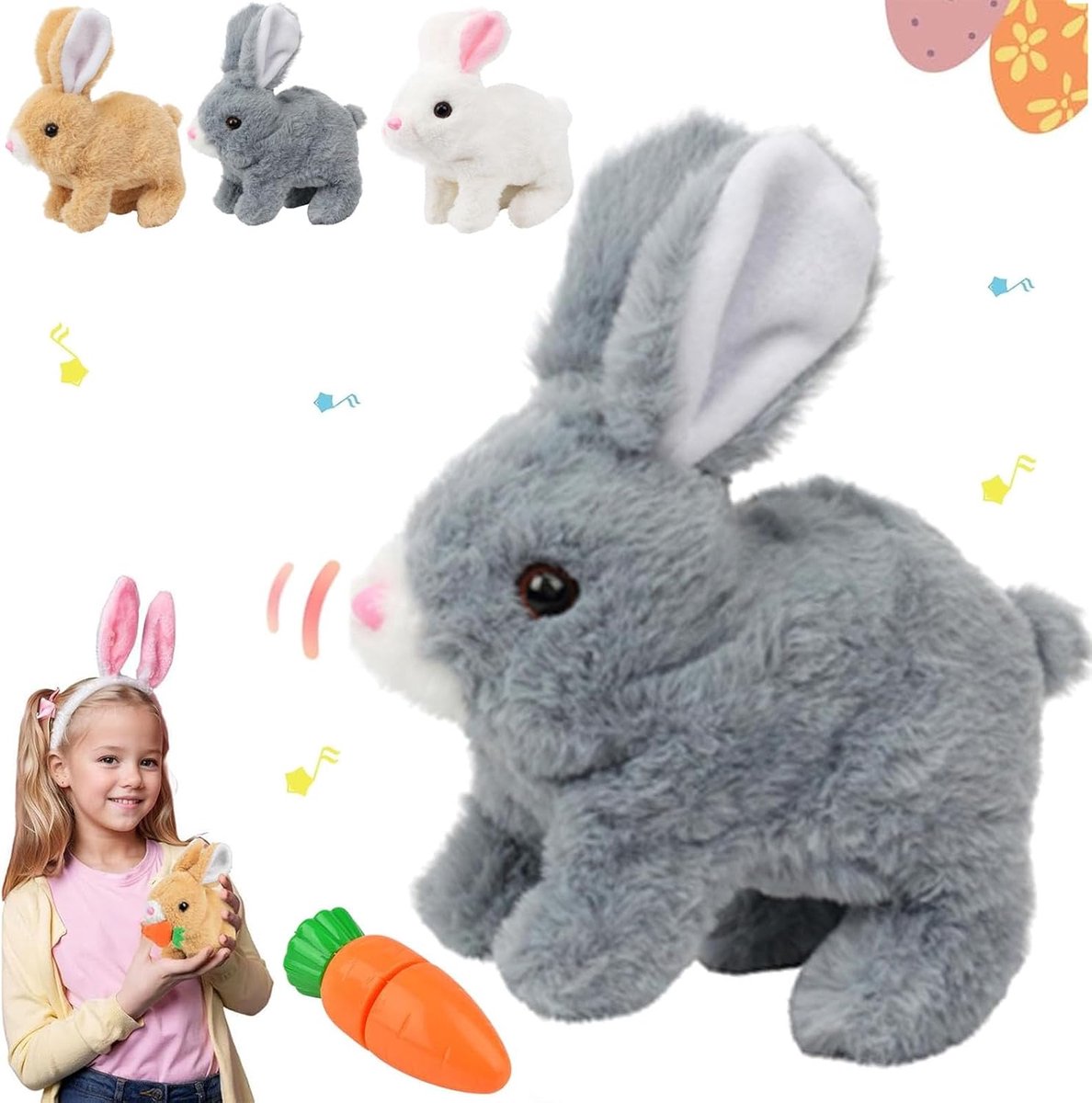 Konijnenspeelgoed, interactief konijnenspeelgoed, haas, knuffeldier, klein, geluidskracht en zijn oren en neus bewegen, pluche haas voor Pasen (C)