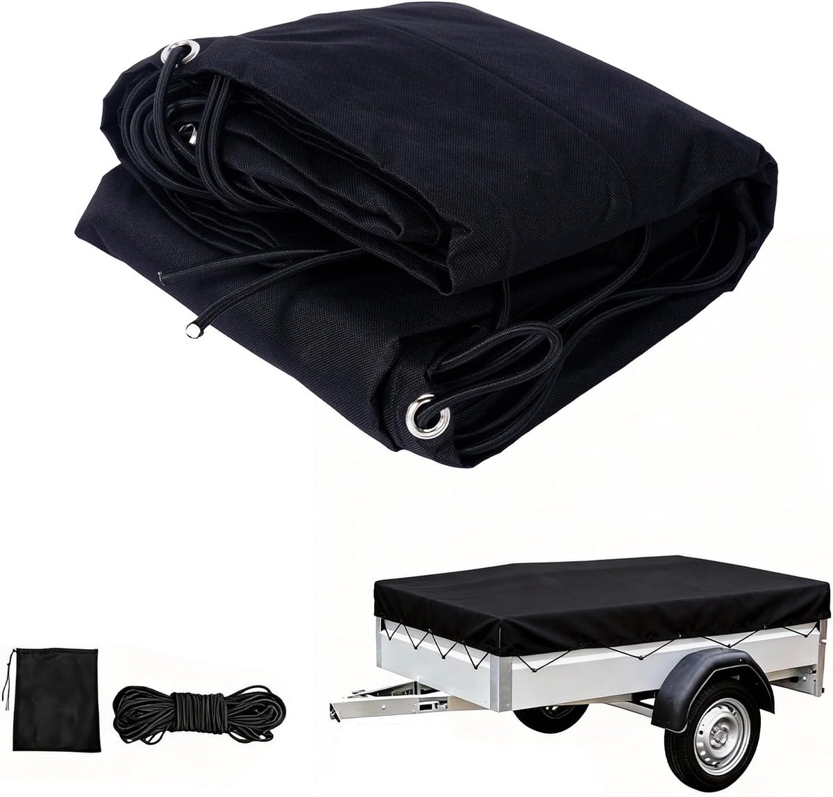 Aanhangerzeil, 258 x 136 cm (rand 10 cm), 600D Oxford-weefsel, zwart, extra scheurvast en waterdicht, plat zeil incl. expandertouw en versterkte hoeken, robuust dekzeil voor personenaanhangers