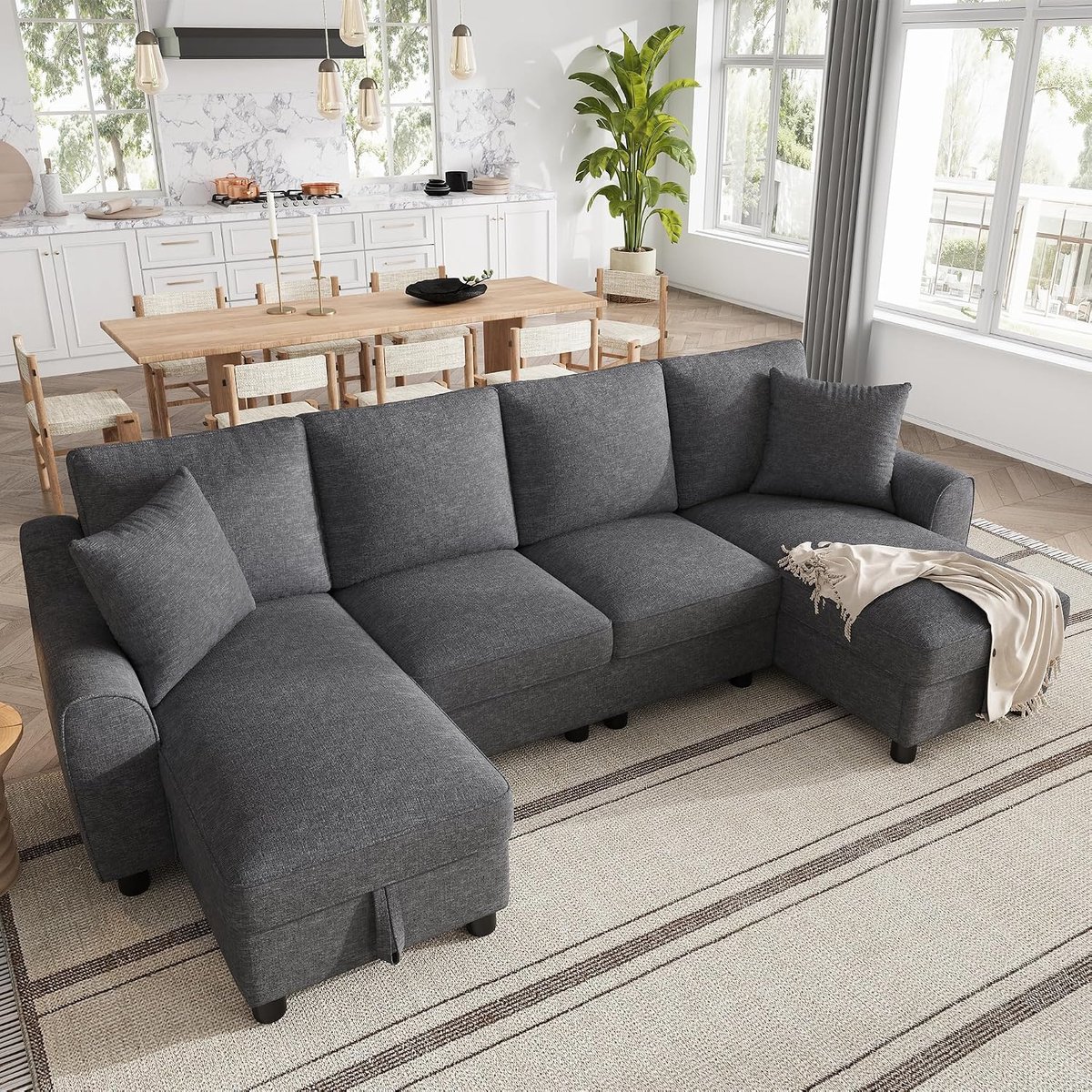 4-zits U-vormige chenille slaapbank met 2 chaise longue en opbergruimte