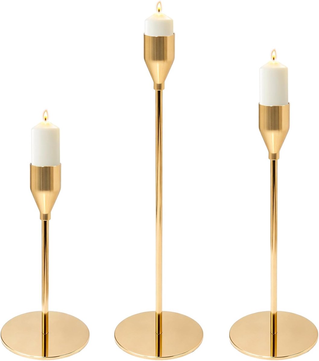 Goud set van 3, 28/23/18 cm staafkaarsenhouder, metalen vintage kegel kandelaar tafeldecoratie bruiloftsdecoratie woonkamer eettafel party housewarming cadeau