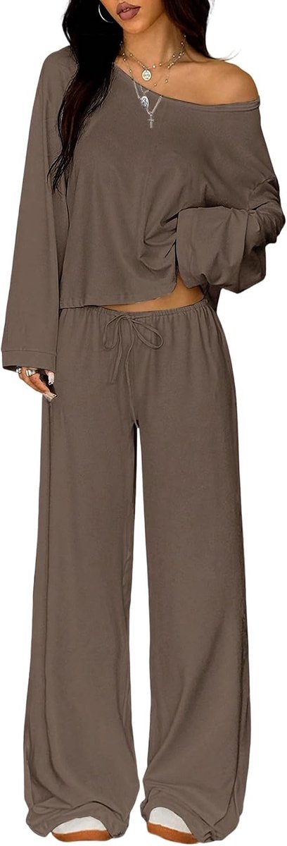 loungewear voor dames, Co Ord met top en wijde pijpen, gebreide twee-weg halslijn voor thuis en op reis